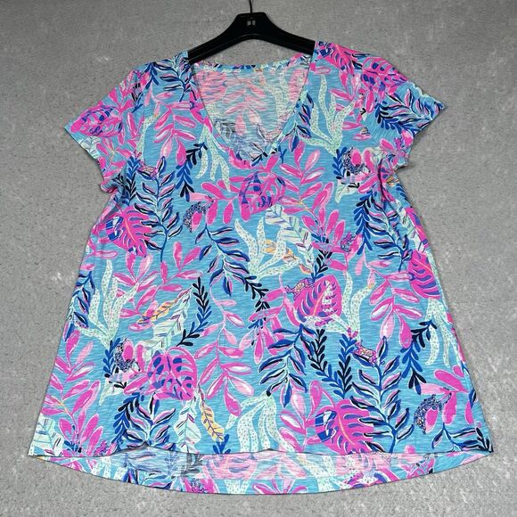 Lilly Pulitzer Etta V Neck T Shirt Top Sz L Multicolored You Have Been Spotted - Picture 1 of 12